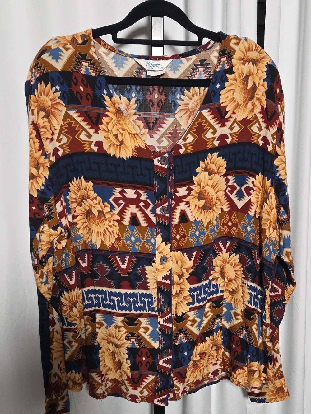 Roper Women's Sunflower Aztec Button-Front Shirt - Yellow, Navy, Brown